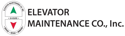 Logo for Elevator Maintenance Co., Inc. with a circular emblem showing red down and green up arrows, and text stating "24 hours, service, repair, maintain.