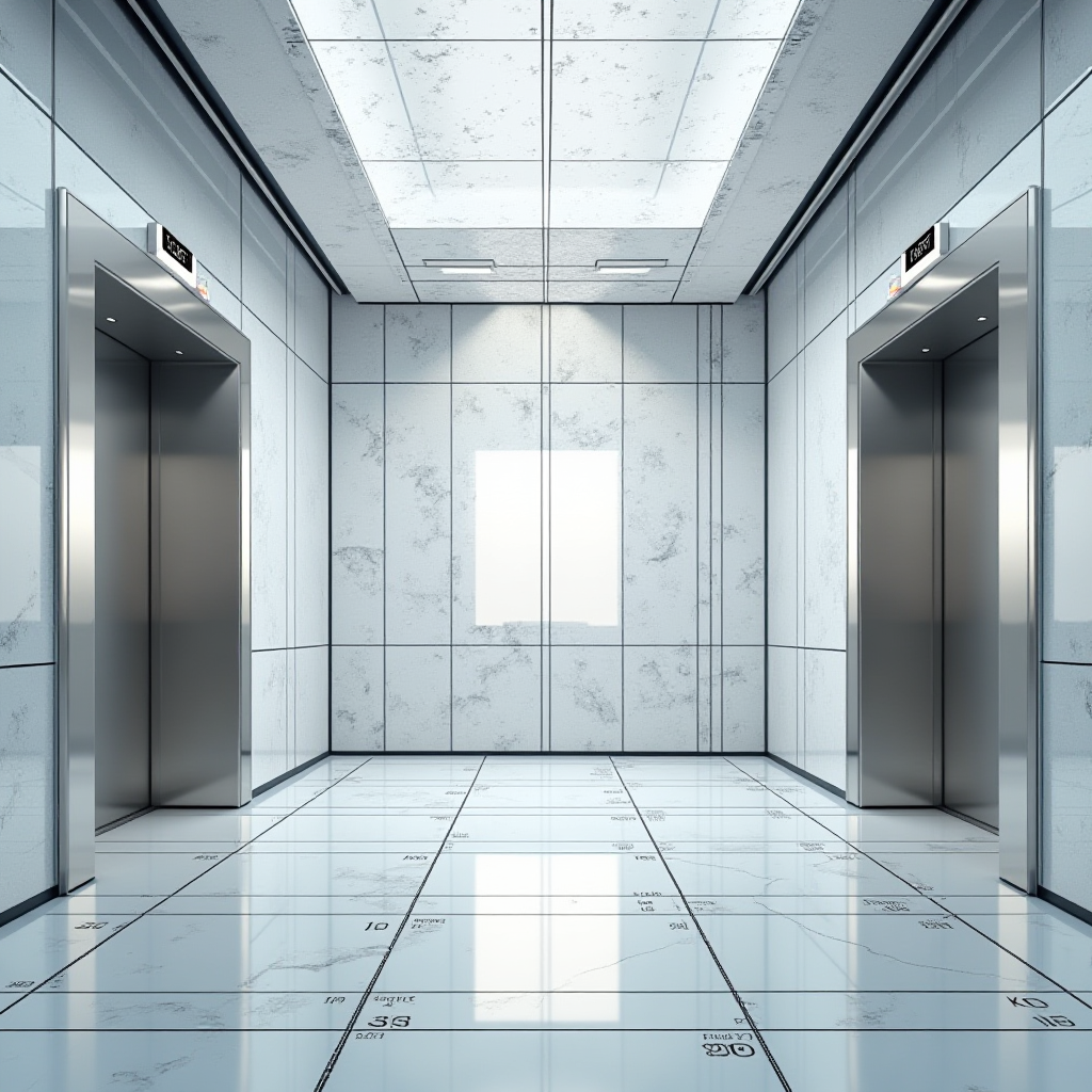 Modern elevator lobby with two open elevators, marble-patterned walls, a reflective tiled floor, and a large window at the end of the hallway letting in natural light.