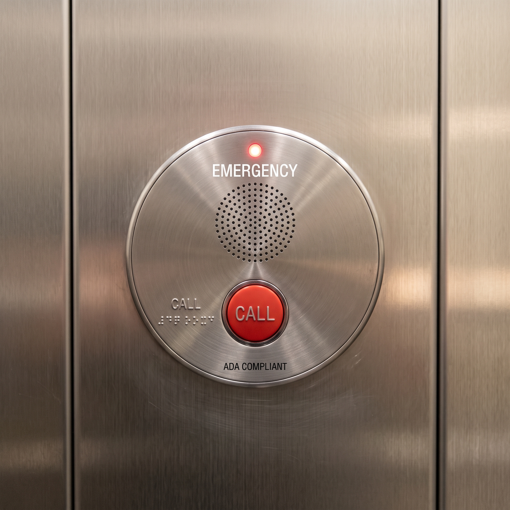 Close-up of an elevator emergency communication button panel with a red “CALL” button, speaker, and “ADA Compliant” label on a brushed metal surface.