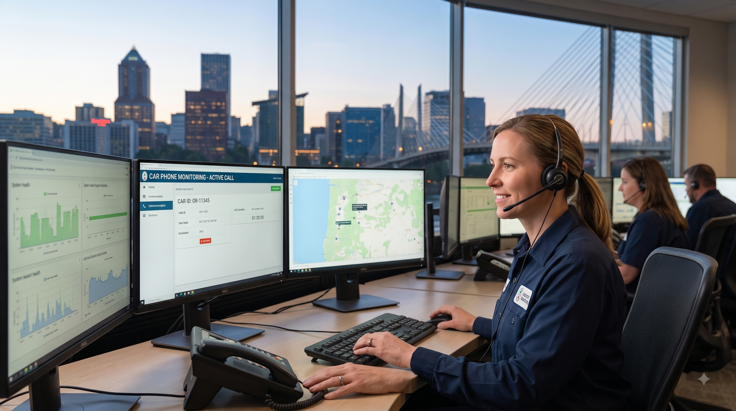 Woman at a workstation monitors data and maps on multiple screens in a control center, with other staff and a city skyline visible through large windows.