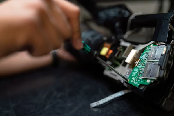 Close-up of a person repairing an electronic device, with a hand holding a tool near an exposed circuit board and internal components.